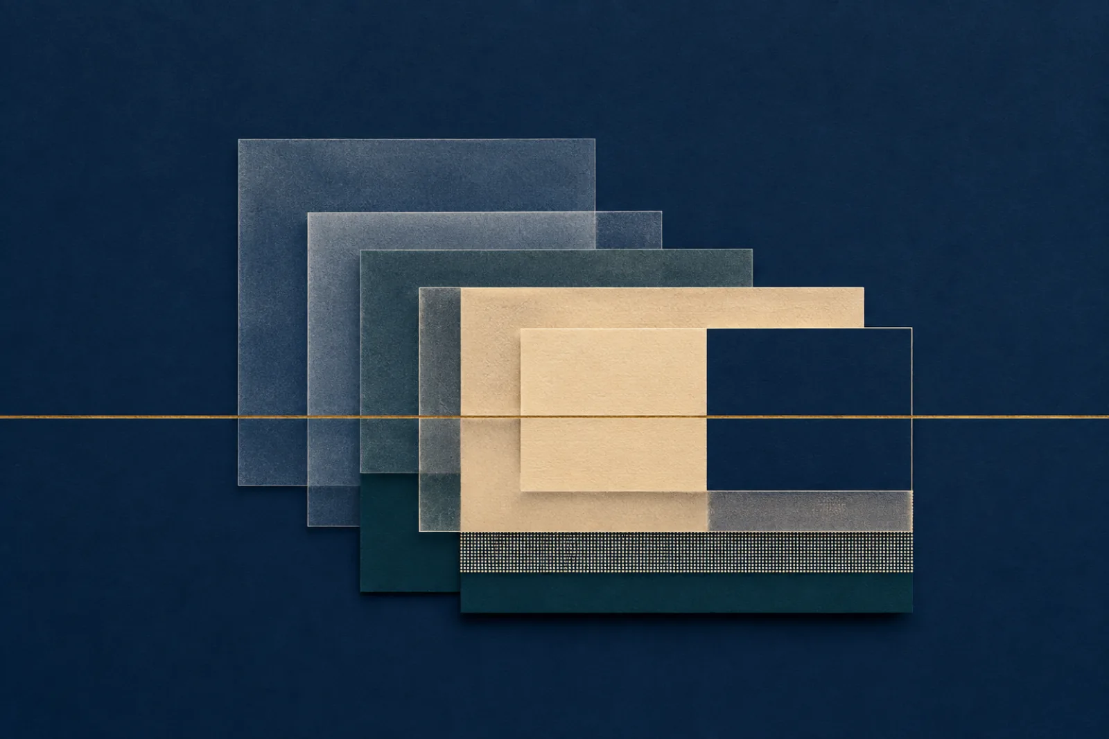 Translucent navy, teal, and cream rectangles overlapping in a stack on a deep navy ground, with one thin gold rule running horizontally through every layer.