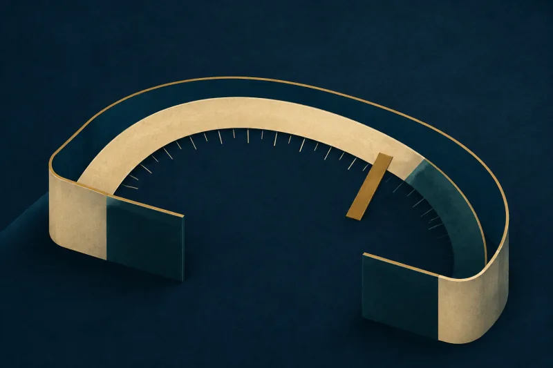 A cream arc marked with fine tick lines on a deep navy ground, held between two teal blocks, with a solid gold bar set across the arc near its right end.