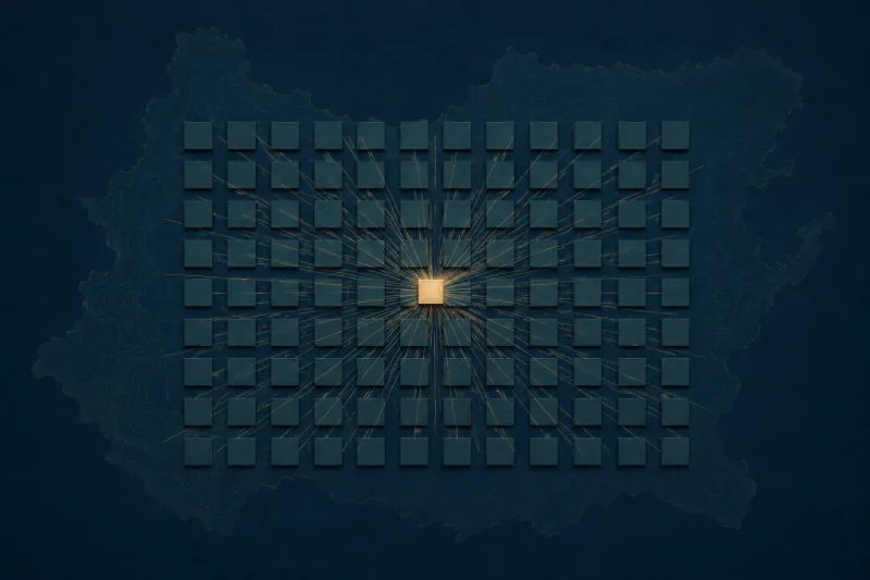 A grid of small dark tiles laid over a faint map outline on a deep navy ground, with one tile lit gold and thin lines radiating from it to the tiles around it.