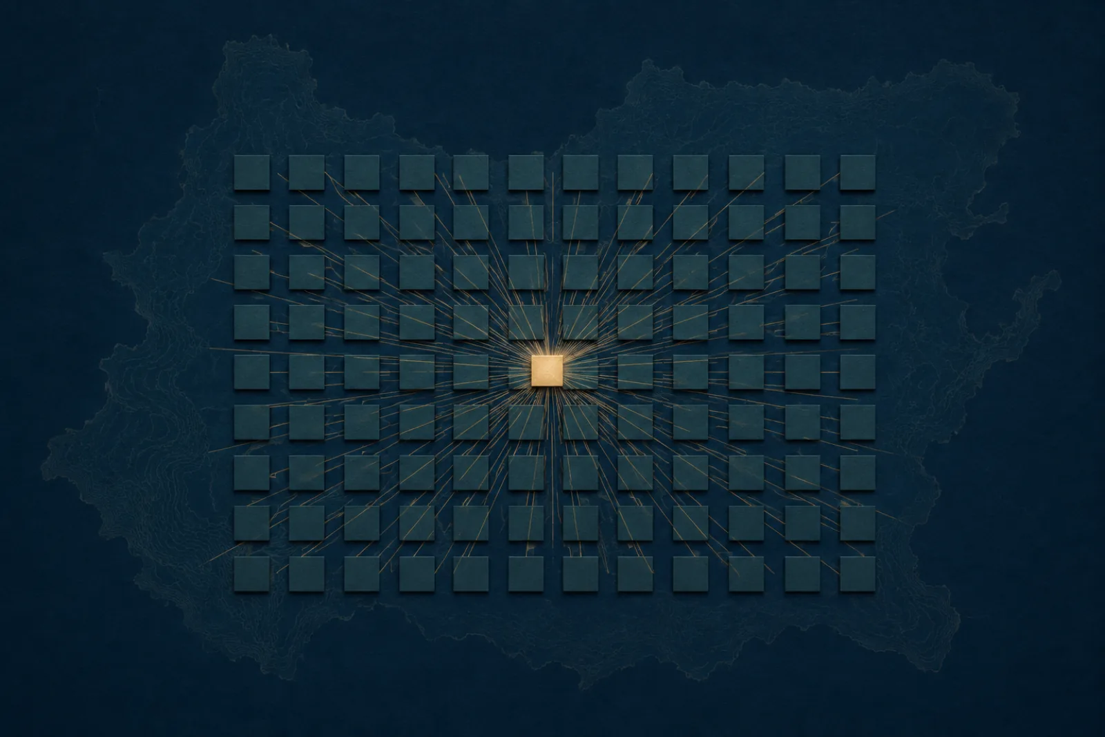 A grid of small dark tiles laid over a faint map outline on a deep navy ground, with one tile lit gold and thin lines radiating from it to the tiles around it.