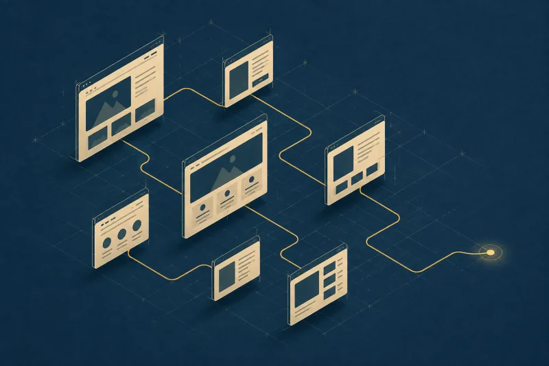 Cream isometric page frames floating on a deep navy grid, linked by a single gold line that runs between them and ends at a small lit marker.