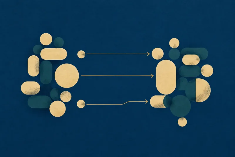 Two clusters of rounded cream and teal shapes on a deep navy ground, joined by three thin gold arrows that all point from the left cluster to the right.