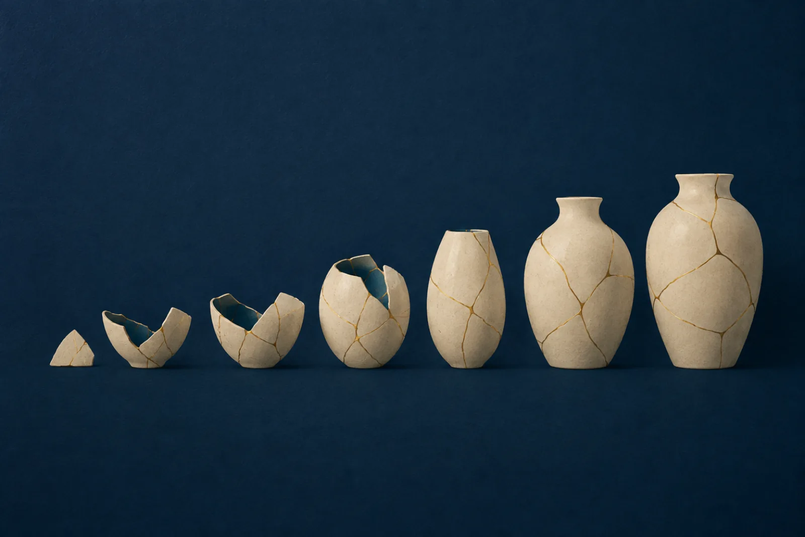 Seven cream ceramic vessels on a deep navy ground, arranged left to right from a single shard to a whole vase, each break rejoined with a thin gold seam.