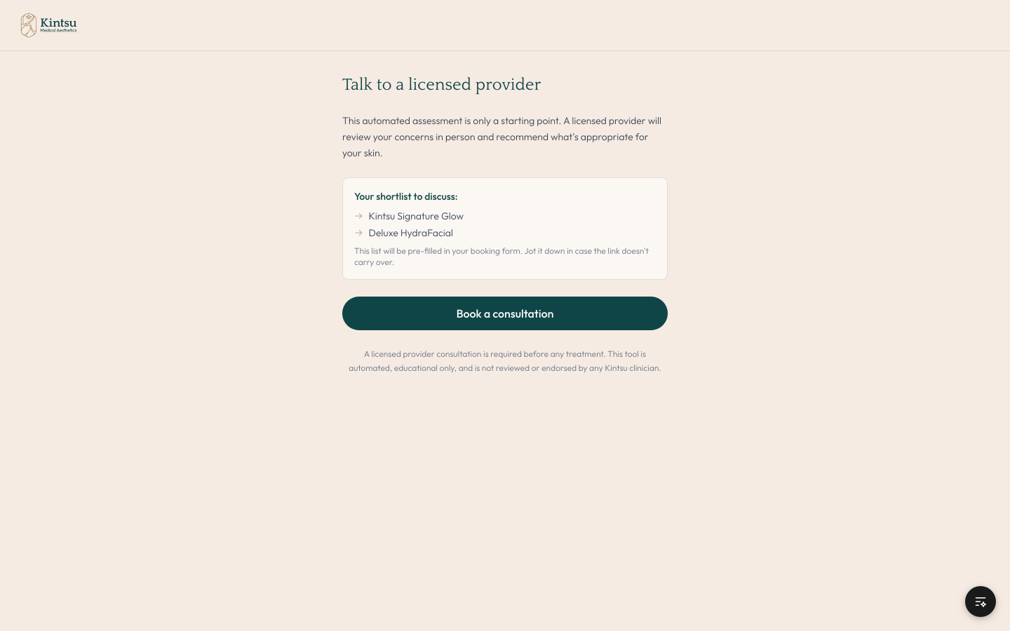 Skin consultation tool booking handoff screen on desktop, showing the selected services and the button that hands off to booking.