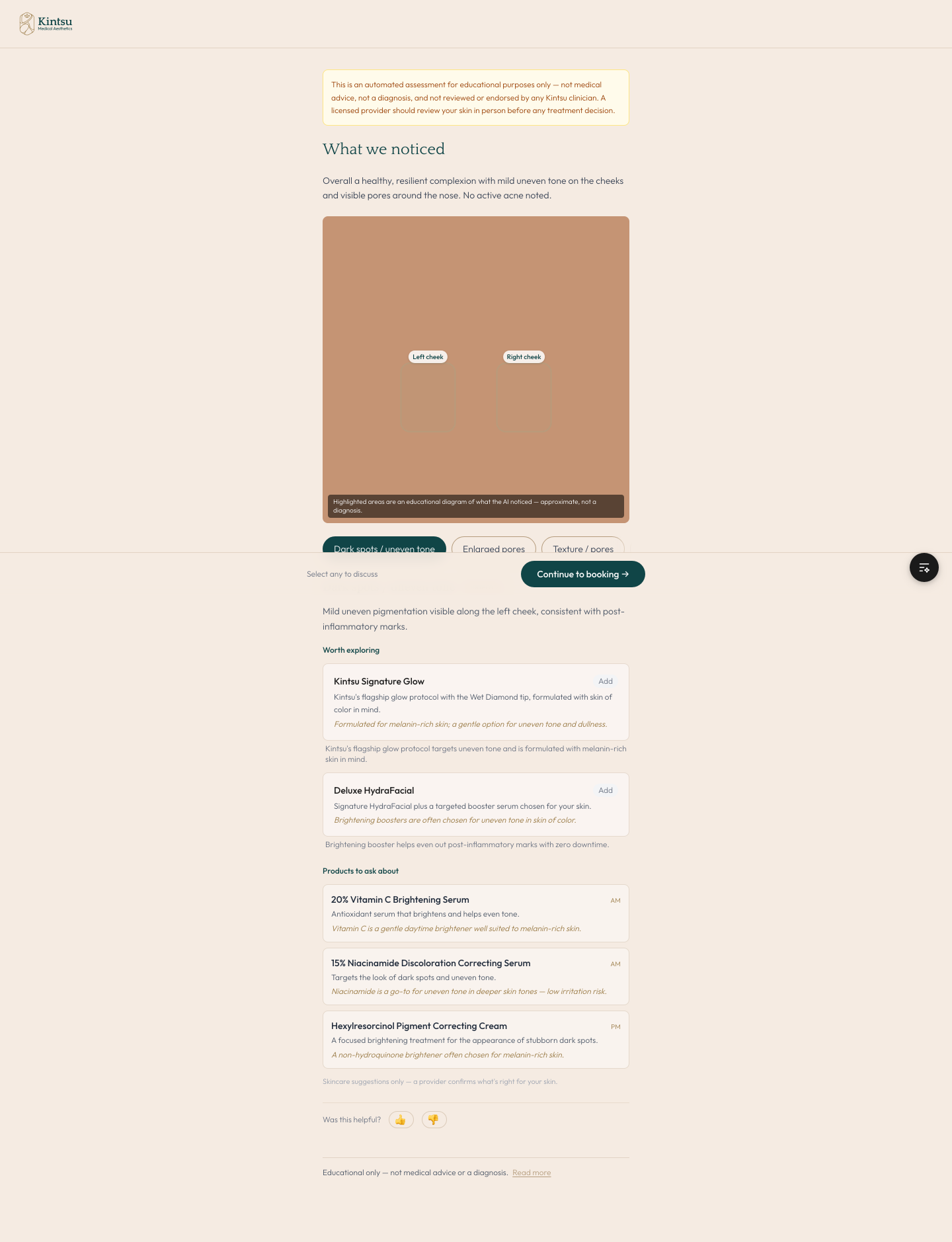 Skin consultation tool results screen on desktop, showing an annotated photo, grouped skin observations, and recommended services.