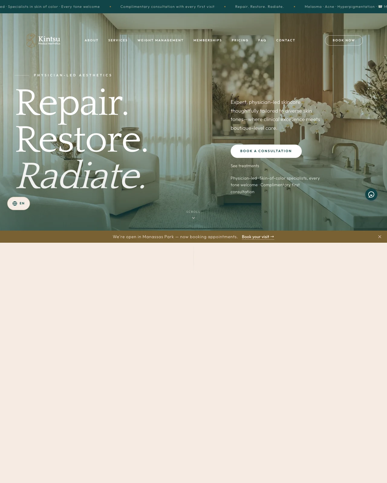 Kintsu home page on desktop, showing the wordmark, serif headline type, and the cream and green color palette applied across the hero.