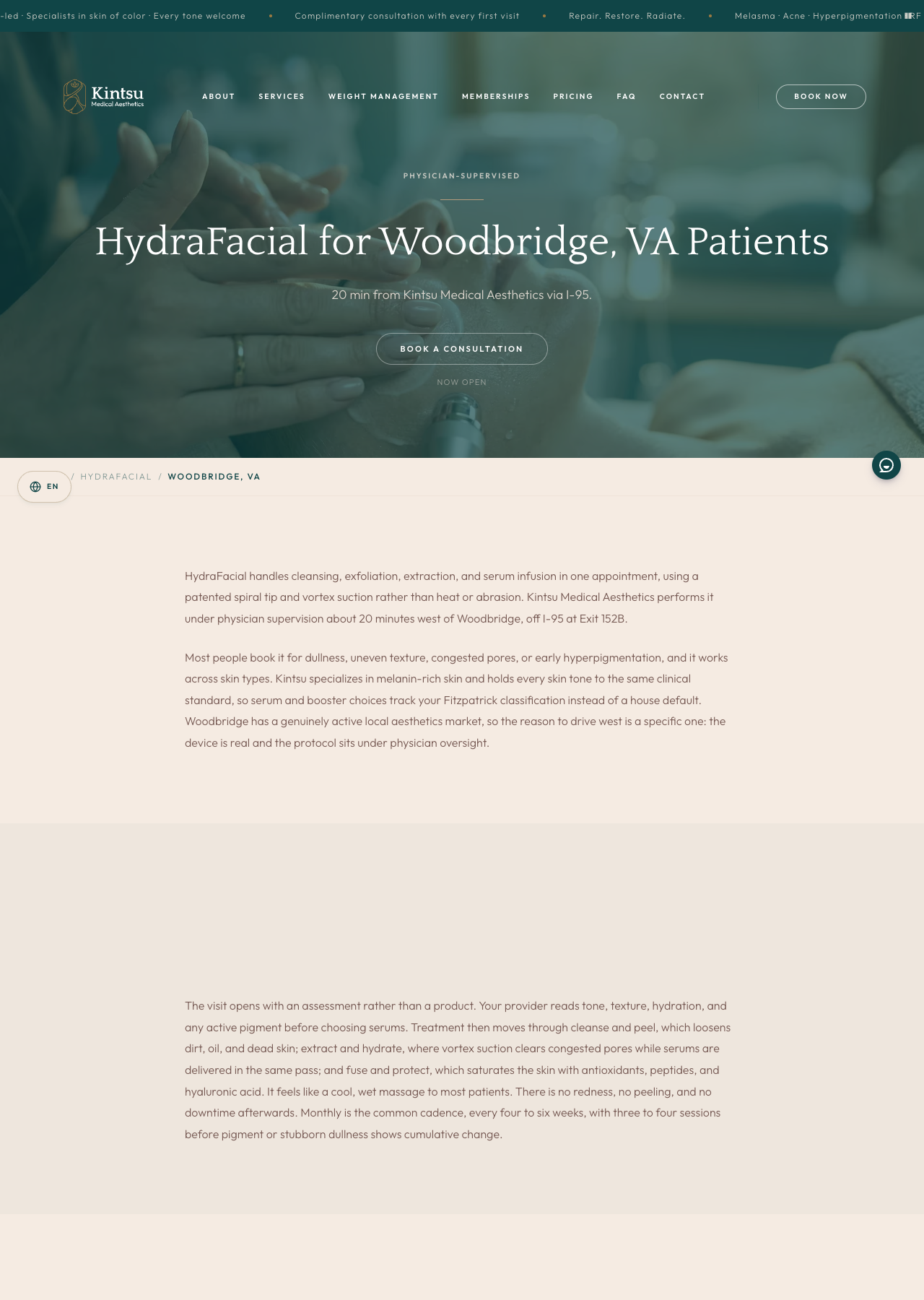 Kintsu HydraFacial page for Woodbridge on desktop, showing the town in the page title, the drive time to the Manassas Park location, and several paragraphs of local copy.