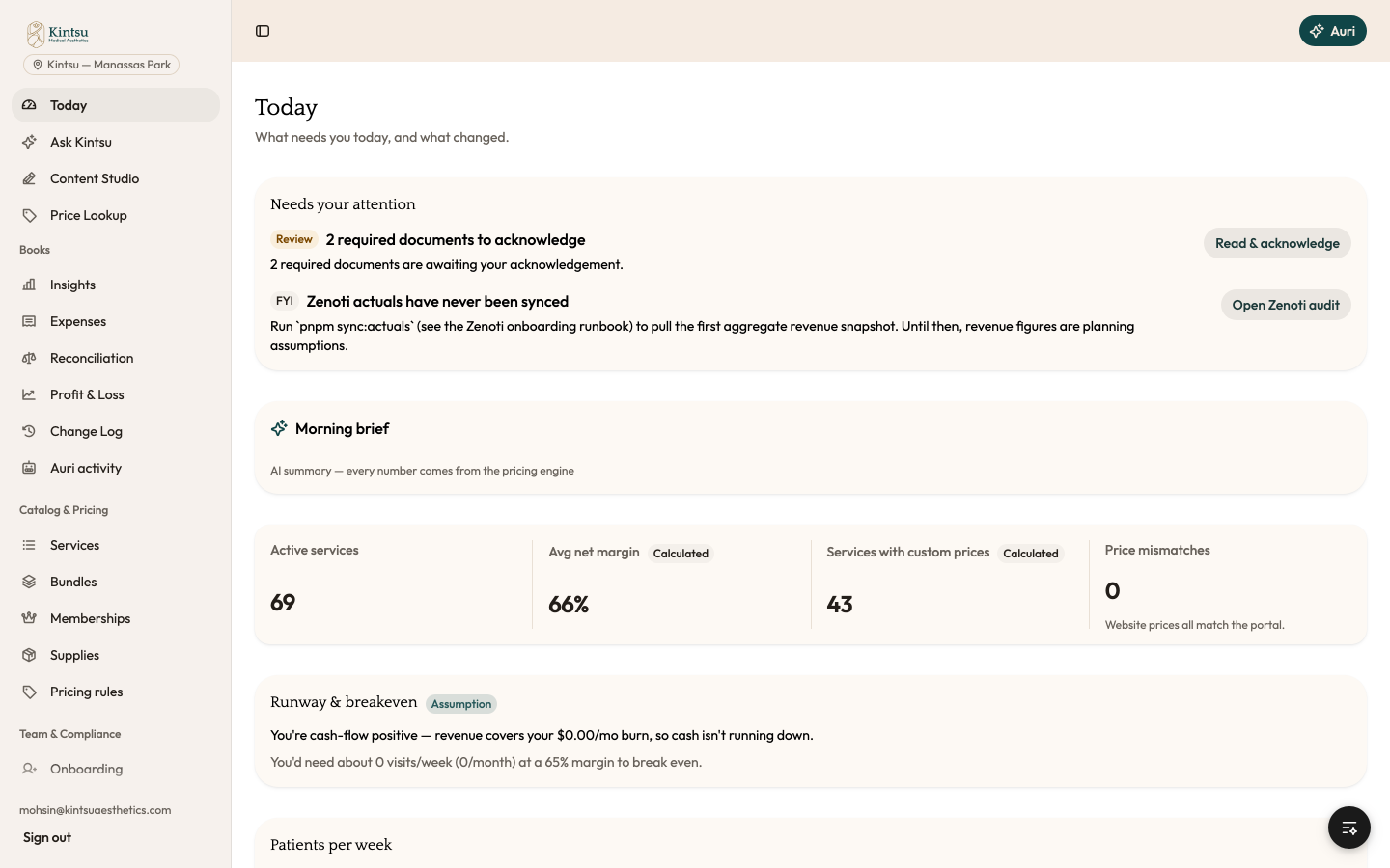 Internal operations portal dashboard on desktop, showing a services count, a price mismatch count of zero, and a notice that actuals have never been synced.