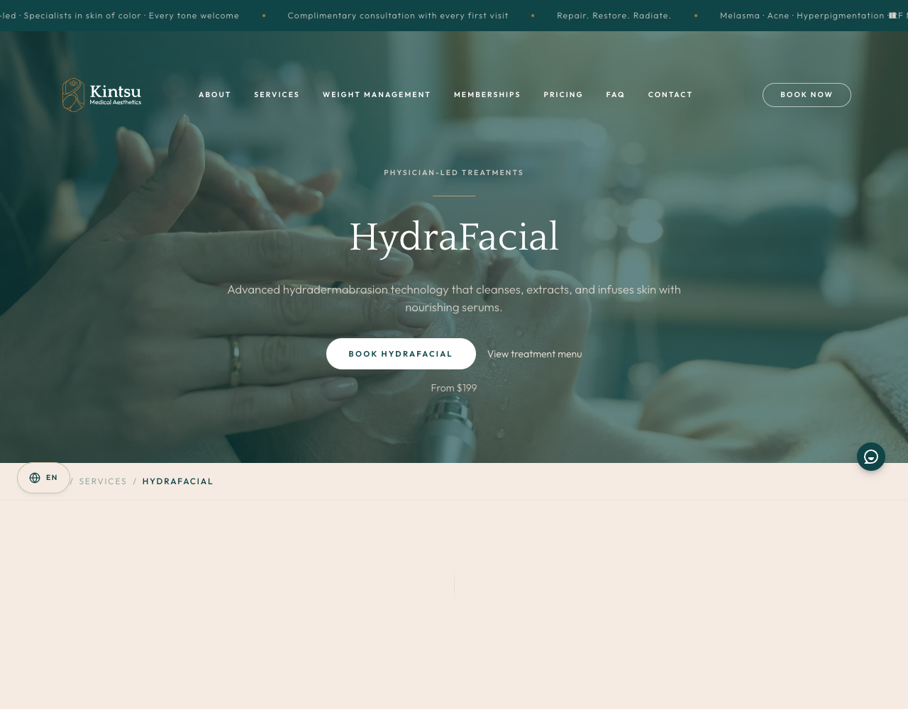 Kintsu HydraFacial service page on desktop, showing the page title over a photograph and a book a consultation button.
