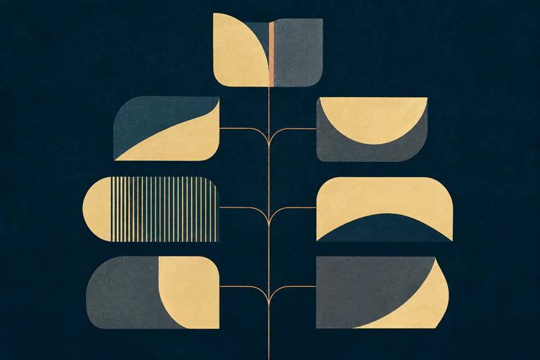 Abstract illustration: one vertical ruled spine with nine rounded colour fields branching from it in four rows, navy and cream on a dark ground.